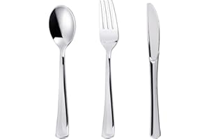 N9R 200PCS Silver Plastic Silverware Disposable Silver Plastic Silverware Cutlery Set, 100 Forks, 50 Spoons, 50 Knives for Party, Birthday, Wedding