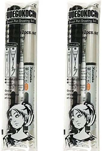 Kuretake Fude Brush Pen black FUDEGOKOCHI 2 pcs set soft &amp; hard for drawing art for lettering for calligraphy Each 2 Pens.Total 4 Pens Set