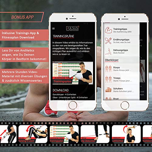 PULSUS-fit-Fitnessband-Resistance-Bands-Set-mit-Uebungsvideo-App-Pro-Expander-Baenderset-5-Widerstandsbaender-Griffe-Fussschlaufen-Tueranker-Tragetasche-Sportbaender