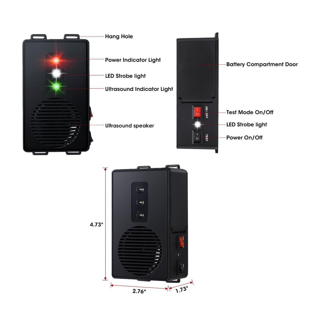 Rodent Repellent for Cars Battery Operated Ultrasonic Mice and Rat Deterrent with LED Flashlights, Wireless Under Hood Animal Repeller Pest Control Device for RV, Truck, and Vehicle Engine Protection