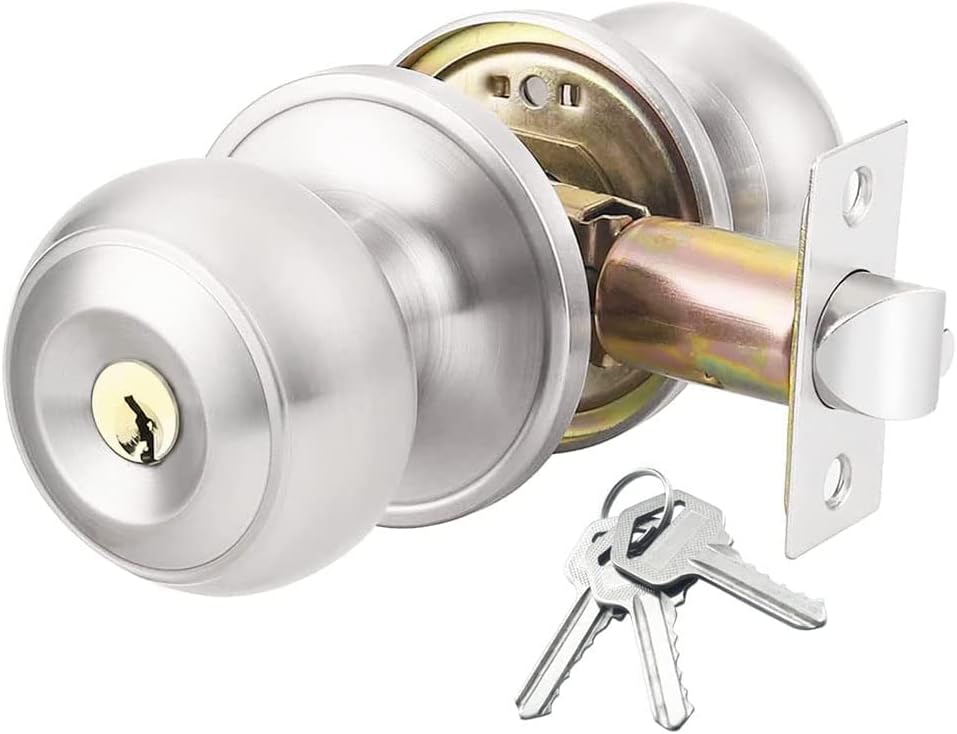 AMOTOFO Door Knob Lock Privacy Bedroom Exterior Keyed Satin Stainless