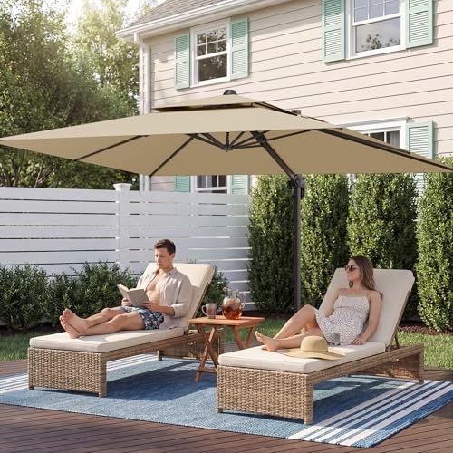 9x12 FT Patio Umbrella with base, Large Cantilever Rectangular Double Top Heavy Duty Offset Umbrellas with 360° Rotation, Outdoor shade for Garden Deck Pool, Beige