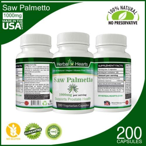 Herbal Hearts Saw Palmetto Supplement- Potent 1000mg Organic Saw Palmetto Extract For Prostate Health- 200 All Natural, Gluten & Dairy- Free Vegan Capsules- Premium Prostate Support Formula