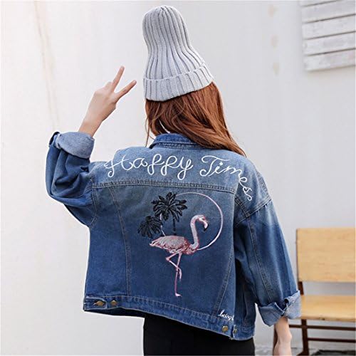 ShungHO Women Jacket Flamingo Embroidery Pattern Denim Loose Fit Long Sleeve Jacket,M