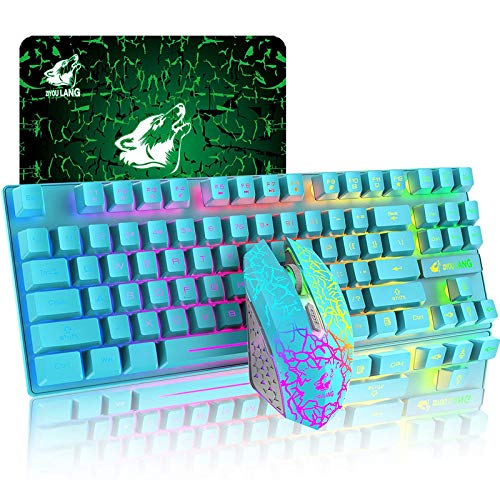 Wireless Gaming Keyboard and Mouse Combo with 87 Key Rainbow LED Backlight Rechargeable 3800mAh Battery Mechanical Feel Anti-ghosting Ergonomic Waterproof RGB Mute Mice for PC Gamer (Light Blue)