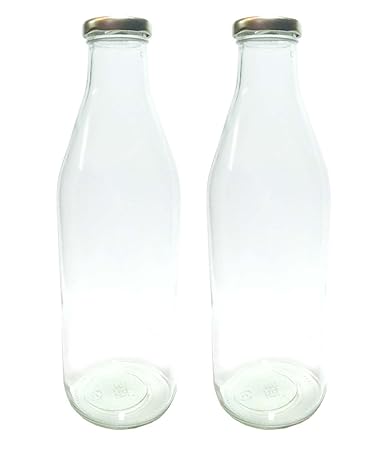 Favola Glass Milk, Water and Juice Bottle with Air Tight Cap, 1 Litre, Set of 2, Clear
