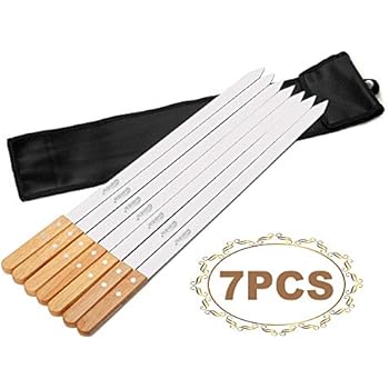 Goutime 23 Inch, 1 Inch Wide Stainless Steel Grilling BBQ Skewers with Wood Handle for Making Koubideh Persian Brazilian Kabob, Set of 7 with Bag