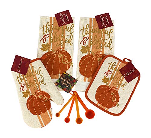 Thanksgiving Harvest Fall Pumpkins Kitchen Dish Towels and Pot Holders Set, 4 Pc.