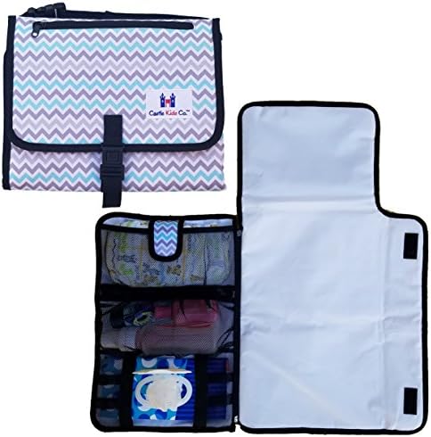 Diaper Changing Pad / Mat, a Portable Travel Luxury Clutch with Easy Access to Wipes, Teal, & Grey Chevron