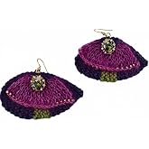 RWXXYHM Handmade Knitted Earrings, Purple and Green, Mohair Silk Wool Cotton Blend, Fan-Shaped Design with Crystal Accent, Dangle Style