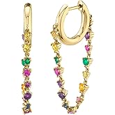 Rainbow Chain CZ Dainty Small Hoop Cuff Cartilage Hypoallergenic Earrings for Women Girls 925 Sterling Silver Post Colorful Cubic Zirconia Threader Dangle Drop 14k Gold Plated Fashion Cute Huggie Hoops Fashion Crystal Jewelry Gifts Bff Birthday Her 1 pair