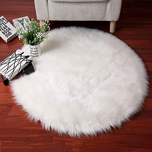 DUANG Lambskin Fur Rug Carpet Round 5-6cm Washable Artificial Wool Area Rugs Gift for Birthday，Photo Prop，Non Slip Mat,White-140cm/55