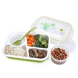 Bento Box Lunch Box 3-compartment 1-bowl (4 in 1) 1- Spoon - Silicone Leakproof Healthy Lunch Boxes for Kids Adults - Food Grade Plastic Containers Crisper - Special Smart Valve Microwave-safe Green