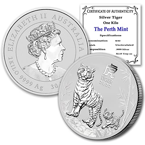 2022 AU Australian 1 Kilo (2.2 lb) Silver Year of the Tiger Coin Paperweight Brilliant Uncirculated (in Capsule) with Certificate of Authenticity $30 BU