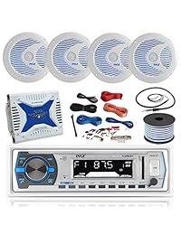 21 29 'Pontoon Boat: Pyle Bluetooth Marine Receptor, 4 X Pyle 6.5' 'Altavoces blancos impermeables con LED, Pyle 4 canales 1000 vatios Amplificador marino, Amp Install Kit, 18 Gauge 50 FT Speaker Wire, Antenna