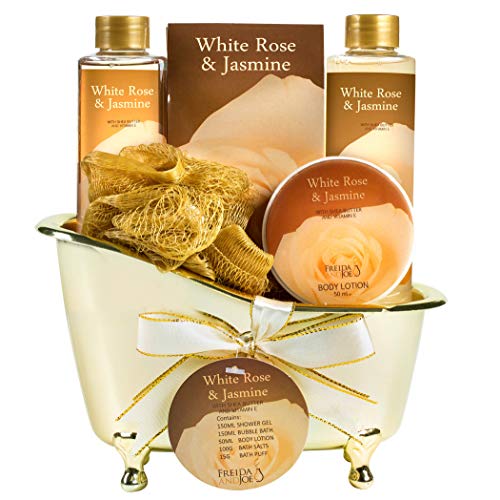White Rose Jasmine Spa Set For Women Displayed in Elegant Gold Tub