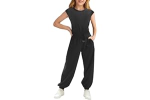 Haloumoning Girls Jumpsuits Kids Fashion Crewneck Elastic Waist Long Pants Rompers with Pockets 5-14 Years