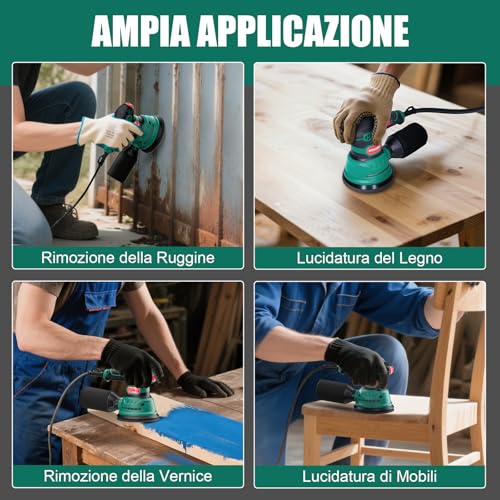 Hychika Orbital Sander, 300W 12000OPM Wood Sander, 6 Speed, with 16 Pieces Sanding Discs 125, with Quick Brake Function for Wood Sanding and Polishing