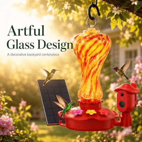 Smart Glass Hummingbird Feeder with Camera, 2K HD Live View, 2.4GHz WiFi Only, Solar-Assisted Outdoor Bird Feeder, App Motion Alerts, AI Bird ID, Ant Moat, Easy Clean Drip-Resistant Nectar Feeder