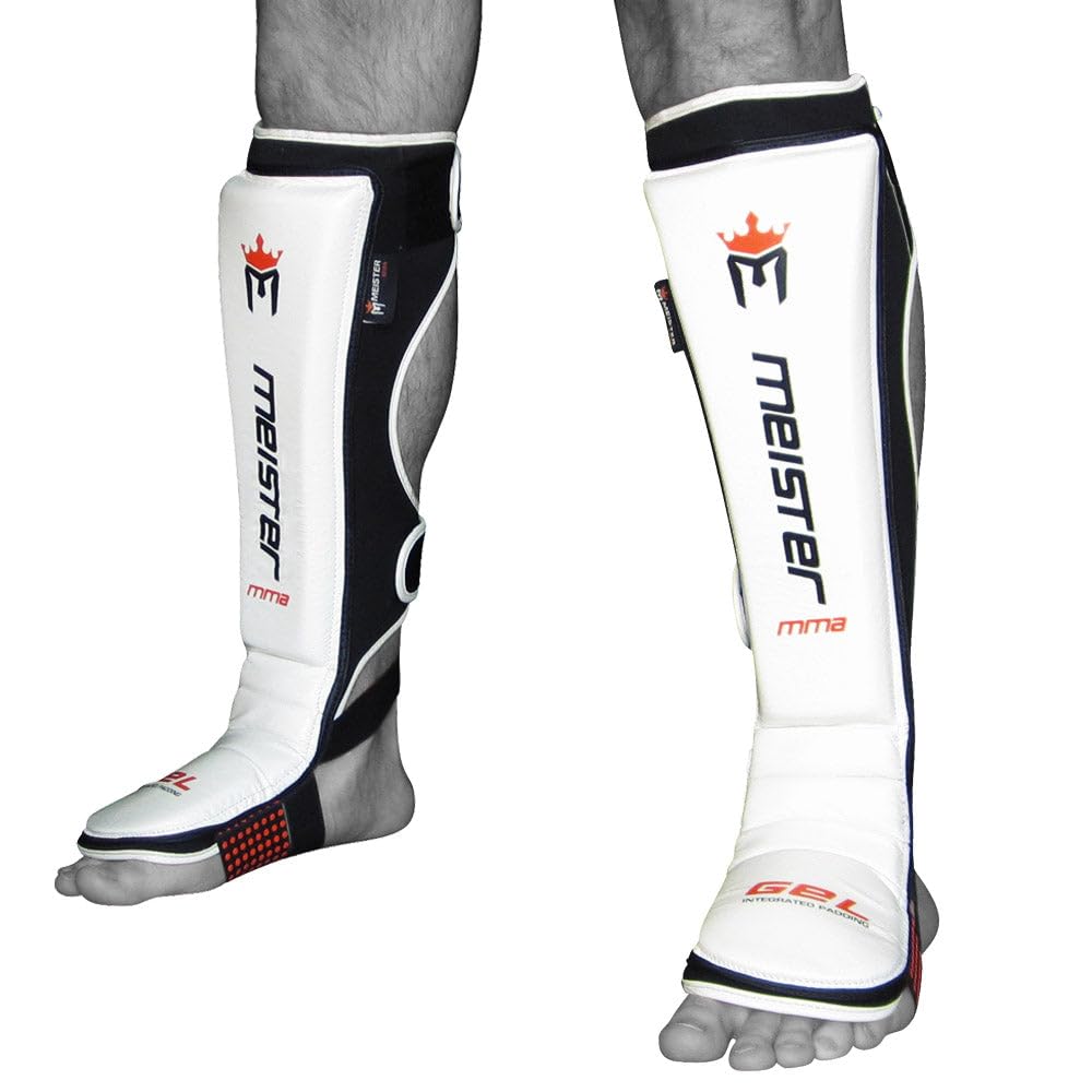 Meister MMA EDGE Leather Instep Shin Guards w/Gel Padding (Pair) - White - Large/X-Large