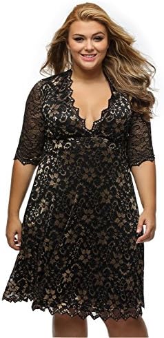 Angl Lee Women's Lace A-line Plus Size Party Shift Dress Skater Dress (XXXL, Trim Golden)