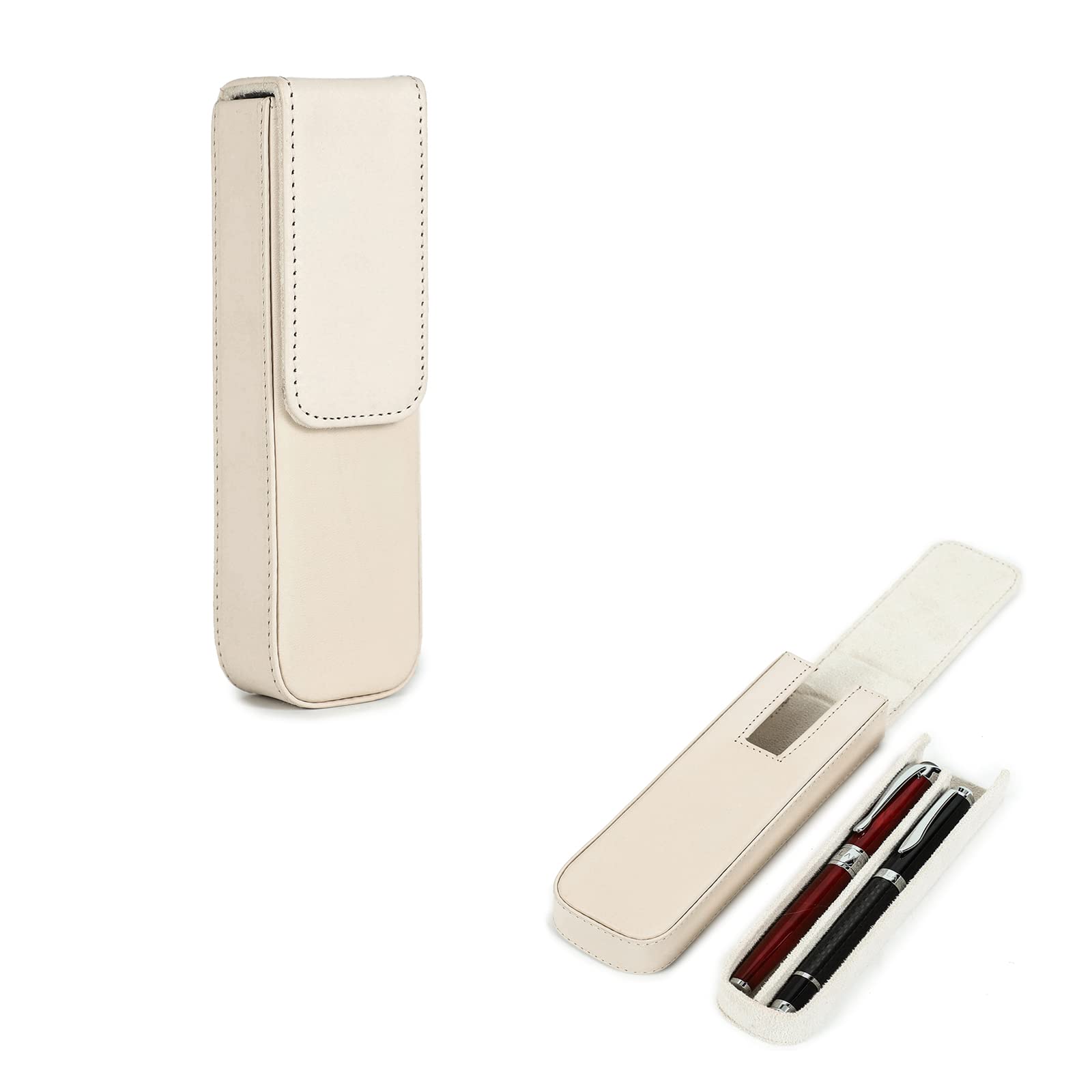 Hiram Leather Pen Case for 2 Pens Vegetable Tanned Leather Fountain Pen Storage Box with Hidden Magnetic Snap Closure Design (Apricot)
