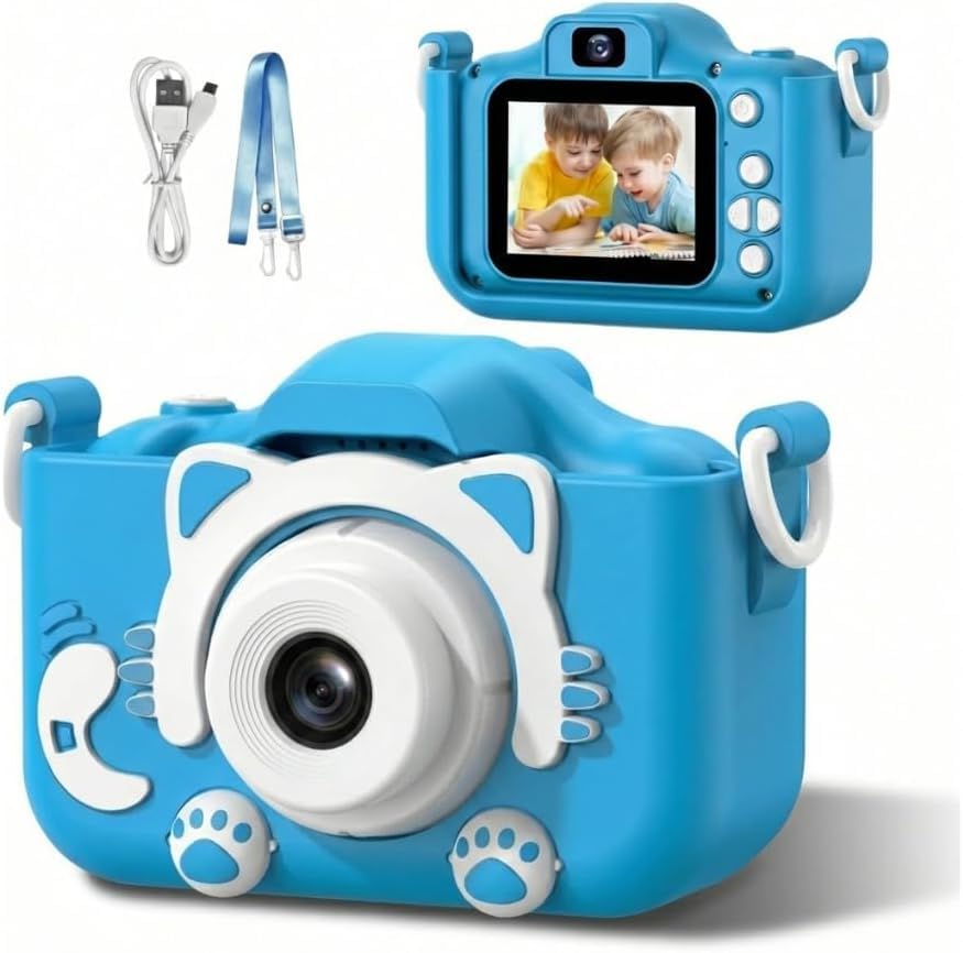 Câmera Digital Infantil Gatinho Recarregável, Azul | Bateria USB, Gravação de Fotos e Vídeos HD, Design Seguro e Resistente, Antichoque, Presente Educativo e Divertido