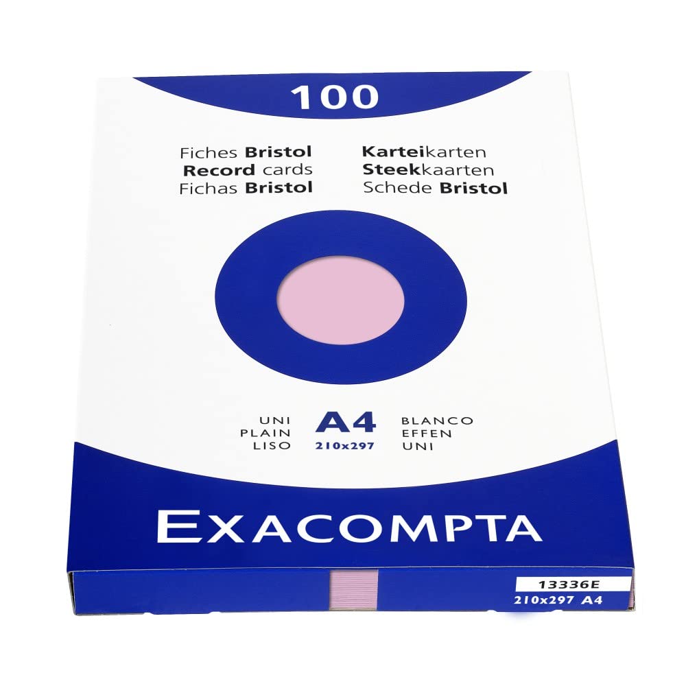 Exacompta - Ref 13336E - Bristol Plain Record Cards (Pack of 100) - A4 in Size, 205gsm Card, Compatible with Printers - Suitable for Exam Revision & Notes - Pink — image 1
