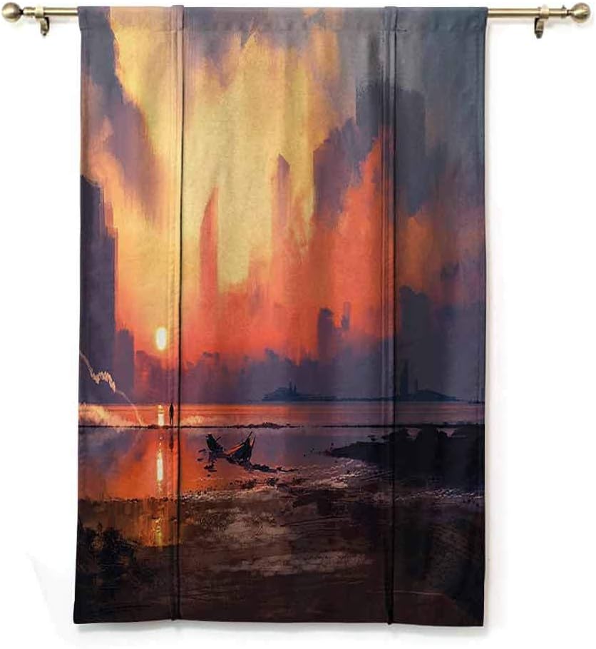 Home roman curtain Fantasy World Decor Man On Sandy Beach With City Skyscrapers Skyline Sunset Oil Paint Style Graphic,W36 x L64 Orange Blue