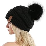 QUEENFUR Women Knit Slouchy Beanie Chunky Baggy Hat with Faux Fur Pompom Winter Soft Warm Ski Cap