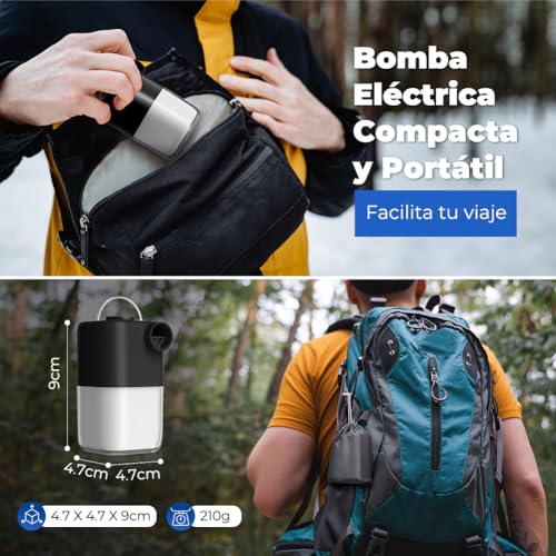 Bomba de Aire Eléctrica Portátil 4000Pa Recargable con Camping Luz, Mini Inflador Electrico Inflables y Desinflables, Pare Camping/Alfombras Inflables/Anillo de Natación