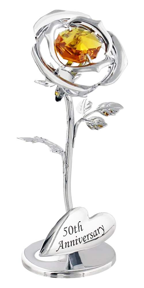 Haysom Interiors Modern 50th Anniversary Silver Plated Metal Rose with Golden Swarovski Crystal Glass Bead by Happy Homewares