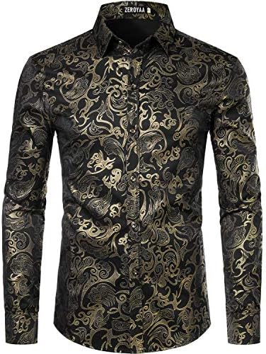 ZEROYAA Men's Steampunk Style Slim Fit Dress Shirt - Metallic Gold Print Long Sleeve Button Up For Prom & Parties (Black Multicolored, XX-Large)