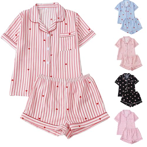 valentines pajamas for women,pink pjs for women heart pajamas valentines pjs pj set heart pajama cute pajama sets matching pj set Sleepwear plus size short 2 Piece for ladies # Red S