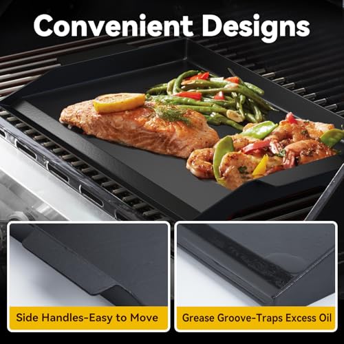 23" x 16" Cast Iron Griddle, Universal Flat Top Griddle for BBQ, Gas Grill, and 4 Burner Range Oven, Reinforced X-Shaped Ridges, Great for Parties, Camping & Tailgating