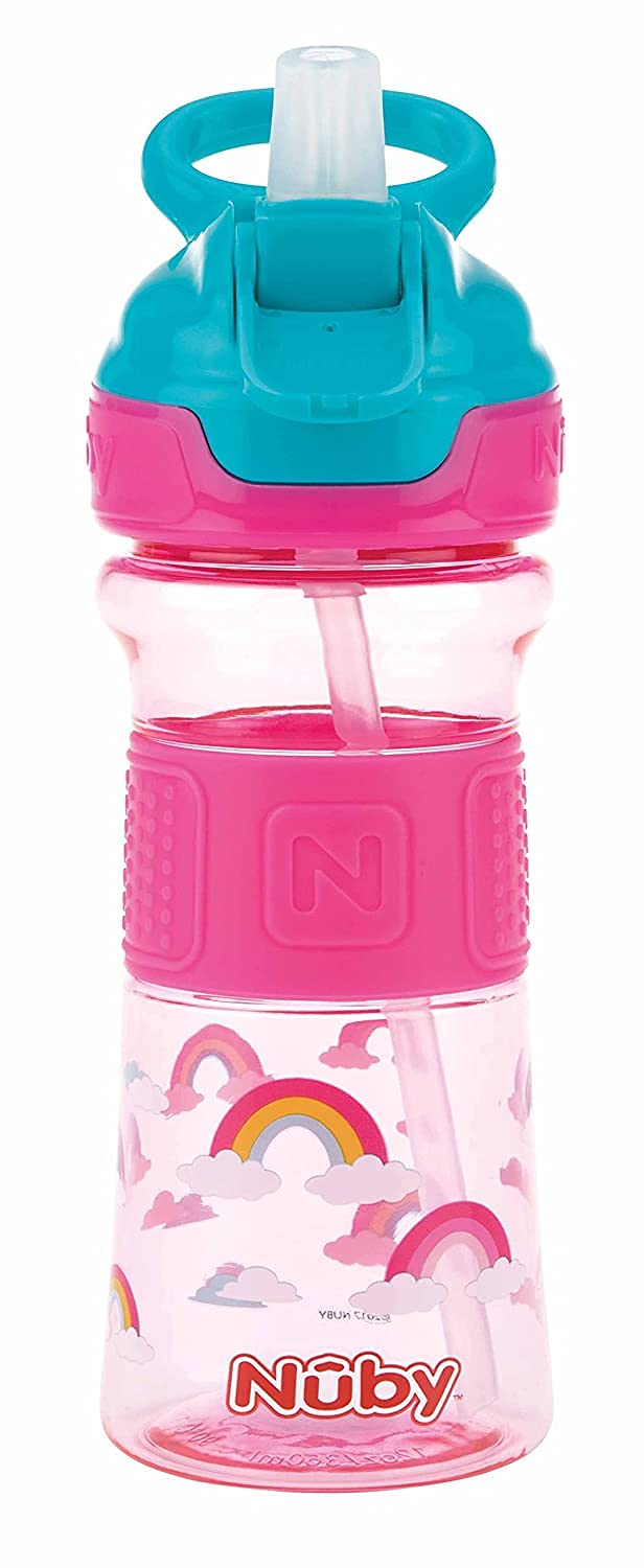 Nuby - Flip-It Tritan Straw Cup with Silicone Handle - Drinking Bottle for Children - Straw Bottle - 360 ml - Pink - BPA Free - 3+ Years