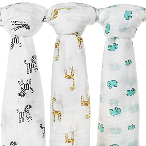 Softest Muslin Swaddle Blankets 3 Pack "Safari Snugs" Large 47'' x
