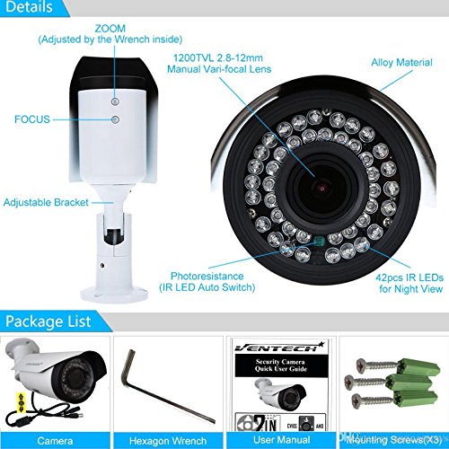 VENTECH HD 1200TVL ((42 IR LED)) Awesome Quality Video CCTV cmos 1.3mp Bullet Camera Home Security Day/Night Infrared 42IR Night Vision Indoor Varifocal 2.8mm-12mm