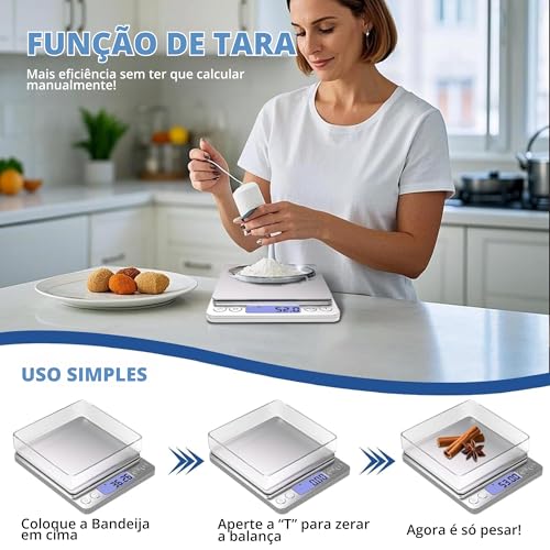 Balança Digital de Precisão para Cozinha 0,1g a 2kg Mini Inox Tara Visor LCD Pilhas Inclusas Confeitaria Café Especial Joias Suplementos Portátil 6 Unidades de Medida