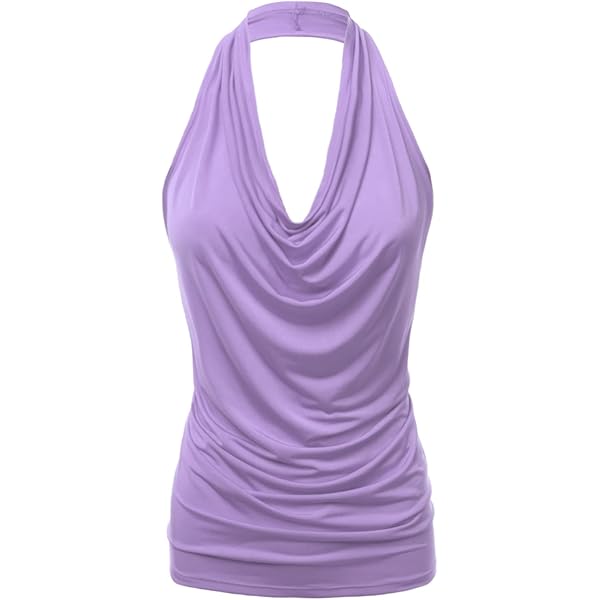 Women's Cowl Neck Halter Top - Open Back Sleeveless Draped Tank With Asymmetrical Design
