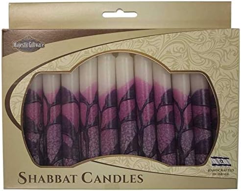 12 Tapered Hand Dipped Tree Design Purple Shabbat Candles