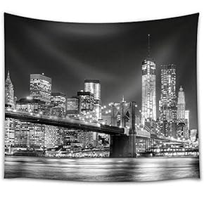 Grayscale Photograph of The Brooklyn Bridge Looking Over York City at Night Time - Fabric Tapestry, Home Decor - 51x60 inches