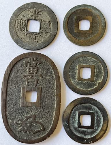 1700-1860 Japanese Samurai/Shogun Era Mon Coin Set. 5 Authentic Coins Including 1, 4 and 100 Mon. Graded By Seller. Circulated Condition