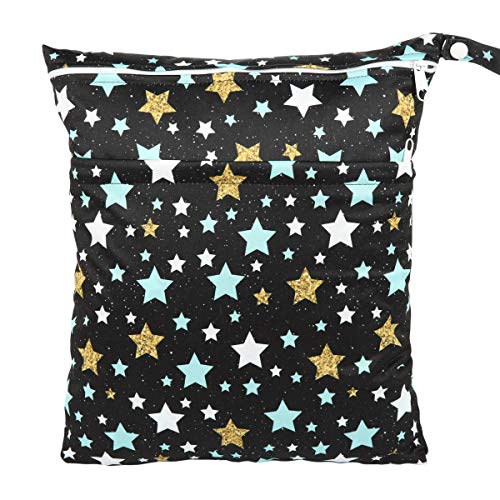 Sigzagor 2 Wet Bags Reusable Diaper Nappy Waterproof with Two Zippered Pockets (Stars and Galaxy)