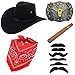 Western Cowboy Costume Accessories - Faux Felt Cowboy Boots Hat,Golden Long Horn Bull Belt Buckle,Cowgirl Bandanna,Black