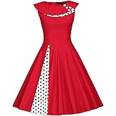 Women's 50s 60s Vintage Patchwork Puffy Casual Cocktail Party Swing Dress Sleeveless Short 1950s Retro Knee Length Elegant Midi Evening Dress A Line Wedding Bridesmaid Business Skater Dress Red 2XL