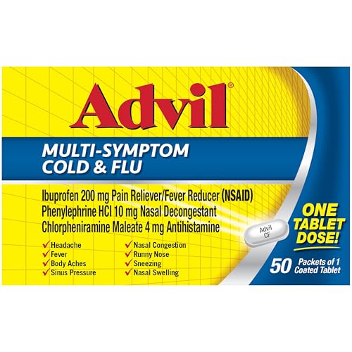 ADVIL MULTI SYMPTOM COLD AND FLU MEDICINE, COLD MEDICINE FOR ADULTS WITH IBUPROFEN, PHENYLEPHRINE HCL AND CHLORPHENIRAMINE MALEATE – 50 COATED TABLETS