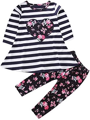KIDSA 1-5T Toddler Baby Little Girls Kids Long Sleeve Stripe Loose T-Shirt Dresses Tops + Floral Legings Pants Outfits Set