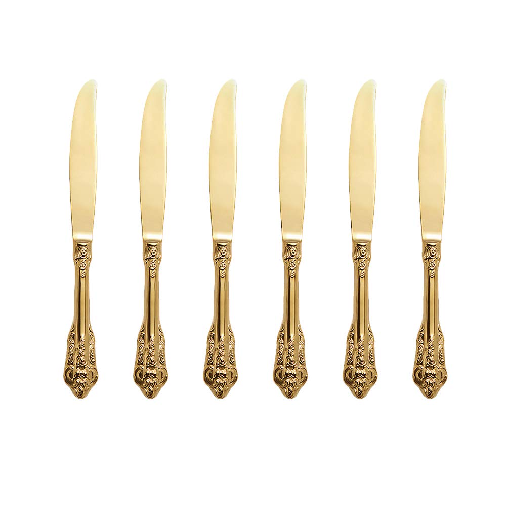 ZFQ 6-Piece Dinner Knives, 18/10 Stainless Steel Large Table Knives, 9.45 Inches, Mirror Finish, Dishwasher Safety, Golden Color