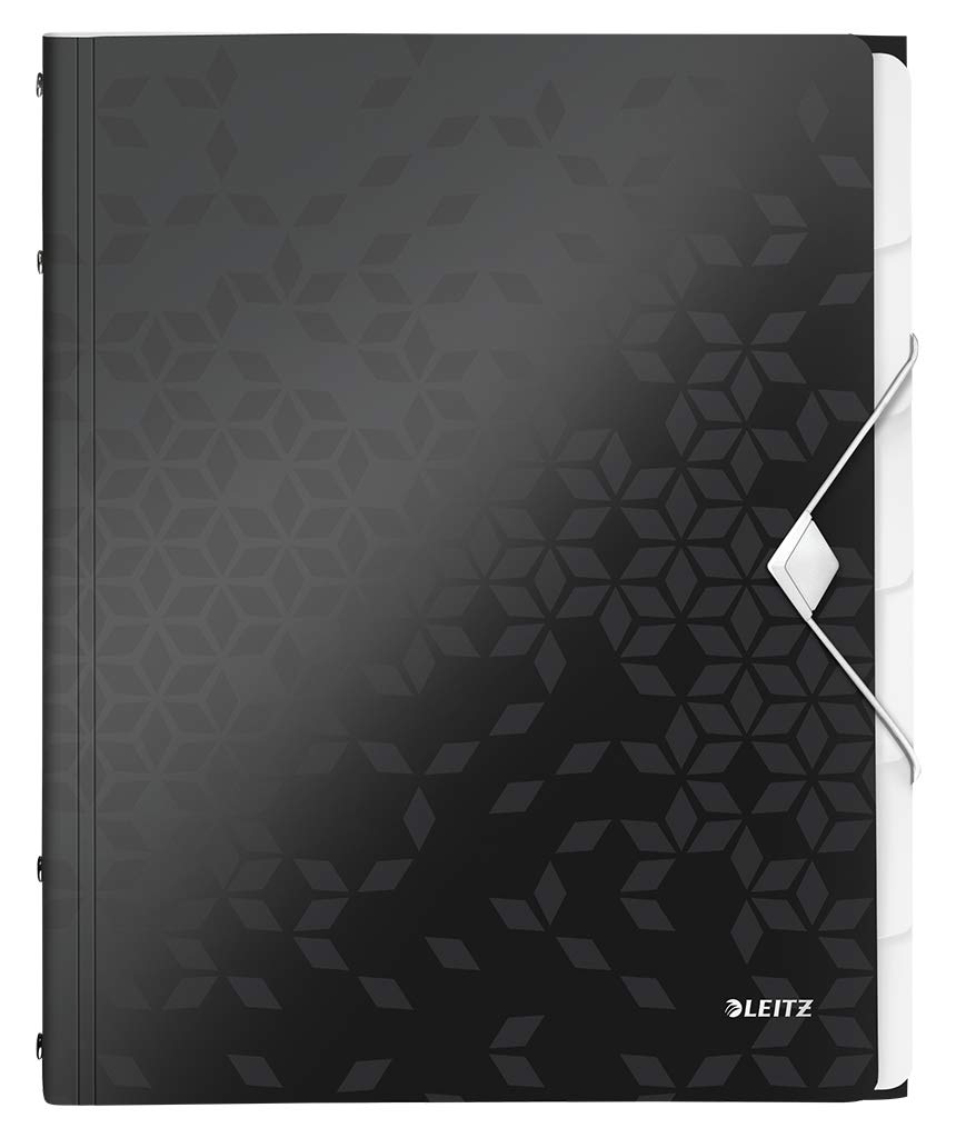 Leitz A4 Divider Book, Holds Up to 200 Sheets, Integrated Index with 6 Compartments, Elastic Closure, Black, WOW Range, 46330095